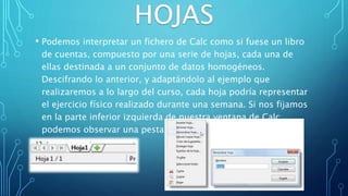 • Podemos interpretar un fichero de Calc como si fuese un libro
de cuentas, compuesto por una serie de hojas, cada una de
ellas destinada a un conjunto de datos homogéneos.
Descifrando lo anterior, y adaptándolo al ejemplo que
realizaremos a lo largo del curso, cada hoja podría representar
el ejercicio físico realizado durante una semana. Si nos fijamos
en la parte inferior izquierda de nuestra ventana de Calc,
podemos observar una pestaña notada con el nombre Hoja1.
 