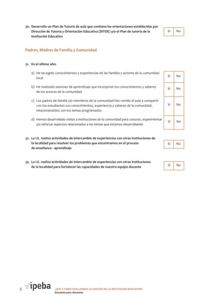 30.	 Desarrollo un Plan de Tutoría de aula que contiene las orientaciones establecidas por
Dirección de Tutoría y Orientación Educativa (DITOE) y/o el Plan de tutoría de la
Institución Educativa

Cantidad de Cantidad de
Sí
No

	Sí	 No

Padres, Madres de Familia y Comunidad
31.	 En el último año:
a)	 He recogido conocimientos y experiencias de las familias y actores de la comunidad
local

Cantidad de Cantidad de
Sí
No

	Sí	 No

b)	 He realizado sesiones de aprendizaje que incorporan los conocimientos y saberes
de los actores de la comunidad

	Sí	 No

c)	 Los padres de familia y/o miembros de la comunidad han venido al aula a compartir
con los estudiantes sus conocimientos, experiencia y saberes de la comunidad,
relacionándolos con los temas programados

	Sí	 No

d)	 Hemos desarrollado visitas a instituciones de la comunidad para conocer, experimentar
	Sí	 No
y/o reforzar aspectos relacionados a los temas que estamos desarrollando

32.	 La I.E. realiza actividades de intercambio de experiencias con otras instituciones de
la localidad para resolver los problemas que encontramos en el proceso
de enseñanza - aprendizaje

33.	 La I.E. realiza actividades de intercambio de experiencias con otras instituciones
de la localidad para fortalecer las capacidades de nuestro equipo docente

8

¿QUÉ Y CÓMO EVALUAMOS LA GESTIÓN DE LA INSTITUCIÓN EDUCATIVA?
Encuesta para docentes

Cantidad de Cantidad de
No
Sí

	Sí	 No

Cantidad de Cantidad de
Sí
No

	Sí	 No

 