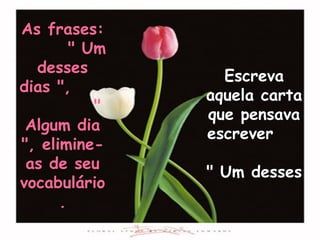 Escreva aquela carta que pensava escrever  " Um desses  dias ". As frases:  " Um desses dias ",  " Algum dia ", elimine-as de seu vocabulário. 