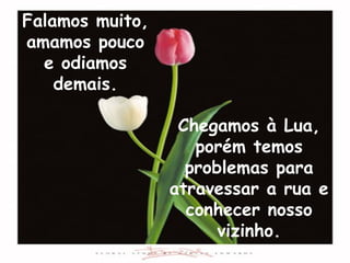 Chegamos à Lua, porém temos problemas para atravessar a rua e conhecer nosso vizinho. Falamos muito, amamos pouco e odiamos demais. 