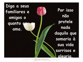 Por isso não protele nada daquilo que somaria à sua vida sorrisos e alegria. Diga a seus familiares e amigos o quanto os ama. 
