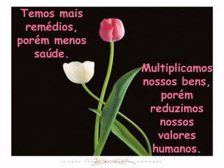 Multiplicamos nossos bens, porém reduzimos nossos valores humanos. Temos mais remédios, porém menos saúde. 