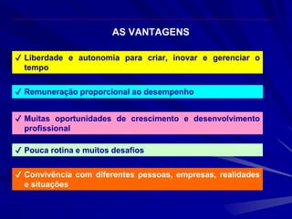 AS VANTAGENS
✔ Liberdade e autonomia para criar, inovar e gerenciar o
tempo
✔ Remuneração proporcional ao desempenho
✔ Muitas oportunidades de crescimento e desenvolvimento
profissional
✔ Pouca rotina e muitos desafios
✔ Convivência com diferentes pessoas, empresas, realidades
e situações
 