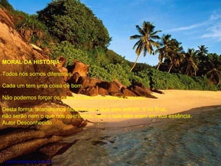 MORAL DA HISTORIA:
Todos nós somos diferentes.
Cada um tem uma coisa de bom.
Não podemos forçar os outros a serem parecidos conosco.
Desta forma, acabaremos fazendo com que eles sofram, e no final,
não serão nem o que nós queríamos, nem o que eles eram em sua essência.
Autor Desconhecido
rosaurass@superig.com.b
 