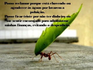 Posso reclamar porque está chovendo ou
agradecer às águas por lavarem a
poluição.
Posso ficar triste por não ter dinheiro ou
me sentir encorajado para administrar
minhas finanças, evitando o desperdício.

 