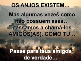 OS ANJOS EXISTEM…
Mas algumas vezes como
  não possuem asas…
 passamos a chamá-los
AMIGOS(AS), COMO TÚ…


Passe para teus amigos
    de verdade…
 