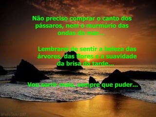 Lembrarei de sentir a beleza das árvores, das flores e a suavidade da brisa da tarde...     Não preciso comprar o canto dos pássaros, nem o murmúrio das ondas do mar...  Vou sorrir mais, sempre que puder...  