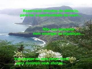 Reservarei minutos de silêncio,  para ter a oportunidade de ouvir...  Não vou lamentar nem amargar as injustiças...   Vou pensar no que posso fazer para diminuir seus efeitos...  
