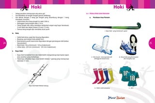 Hoki                                                                                                   Hoki
     	   •	 Setiap pasukan mempunyai satu pintu gol.                                        3.4	 PERALATAN DAN PAKAIAN
     	   •	 Gol diletakkan di tengah-tengah garisan belakang.
     	   •	 Gol dibuat dengan 2 tiang gol tengah yang disambung dengan 1 tiang              		   a.	     Peralatan Asas Pemain
     			    mendatar (crossbar).
     	  	   •	 Jarak antara dua tiang tengah itu ialah 3.66 m.
     	  	   •	 Ketinggian tiang tengah ialah 2.14 m.  
     	  	   •	 Tiang tengah dan tiang mendatar berbentuk empat segi bujur berukuran
       			 5 mm lebar dan dalam antara 5.0 mm-7.5 mm.
     	   	  •	 Semua tiang tengah dan mendatar dicat putih.
                                                                                                                            i. Kayu Hoki - yang memenuhi syarat
     		   iv.   Bola

     	 	 •	       Sebiji bola keras, pejal dan kosong digunakan.
     	 	 •	       Biasanya, permukaan bola adalah licin.
     	 	 •	       Bola bewarna putih (warna lain digunakan dengan persetujuan oleh kedua-
24   				         dua pasukan)                                                                                                                                                       25
     	 	 •	       Berat bola 156 g (minimum) -163 g (maksimum)
     	 	 •	       Lilitan bola : 224 mm (minimum) - 235 mm (maksimum)

     		   v.    Kayu Hoki

     	 	 •	       Kayu hoki hendaklah licin dan tidak boleh mengandungi tepi-tepian tajam
     				         atau serpihan yang merbahaya.                                                        ii. Shin Guard - menutup buku lali         iii. Kasut hoki yang bersesuaian
     	 	 •	       Tebal kayu dihadkan kayu mesti boleh melalui 1 gelung yang mempunyai                      sehingga ke bawah lutut.                       dan mengikut saiz.
     				         diameter 51 mm.




                                  Kayu Hoki Boleh Melalui Gelung.
                                                                                                           iv. Stokin sukan panjang.                              v. Jersi
 