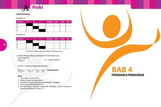 Hoki
     			     Liga Berkumpulan

     			     Kumpulan A




     			     Kumpulan B




30
                          Contoh Carta Keputusan Pertandingan Liga Berkumpulan

     			  1. Kaedah Mengira Bilangan Perlawanan Pertandingan Liga
     				 Cara pengiraan :
     				 N ( N – 1 )                         N = Jumlah Pasukan
       				 2




                                                                                 BAB 4
     				 Contoh : 6 pasukan mengambil bahagian

     				 N ( N – 1 ) = 6 ( 6 – 1 ) = 6 x 5 = 30 = 15 perlawanan
      				     2            2          2      2

     				 ATAU :                                                                 PERSEDIAAN & PERANCANGAN
     				 1.	 Tulis angka 1,2,3,4,5 dan 6.
     				 2.	 Abaikan angka tertinggi iaitu 6.
     				 3.	 Campurkan kesemua nombor tersebut iaitu 1 hingga 5.
     				 4.	 Jumlah yang diperolehi ialah 15.
     				 5.	 Bermakna jika 6 pasukan mengambil bahagian, jumlah perlawanan
     					 dalam pertandingan ini ialah 15.
 