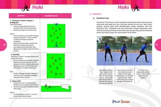 Hoki                                                                Hoki
                                                                  5.2	MEMUKUL
                AKTIVITI                           GAMBAR RAJAH
                                                                  	   A.	 Kemahiran Asas
     2 . Permainan 5 lawan 5 dengan 2 		
     penjaga gol                                                  		      Kemahiran ini bertujuan untuk menghantar bola kepada kawan atau rakannya
     Syarat Permainan:                                            		      pada jarak yang agak jauh atau membuat pukulan ke arah gol. Bagi tujuan
     	 •	 Hanya menggunakan kemahiran 	 	                         		      pukulan, perkara yang perlu dititikberatkan adalah ketepatan arah dan
     		 menolak untuk membuat hantaran                            		      kederasan bola. Ketepatan arah bola ditentukan dengan kedudukan bahu
     	 •	 Menjaring dengan menolak sahaja                         		      dan kaki sementara kederasan bola ditentukan dengan daya pukulan daripada
                                                                  		      kedua-dua belah tangan dan pemindahan berat badan.
     Variasi:
     	 •	 Untuk menjaring, guru boleh tetapkan
     		 bilangan hantaran. Contoh: Pemain
     		 membuat 6 hantaran sebelum 		
     		 menjaring.
     	 •	 Bilangan pemain boleh tambah atau 	
44   		 dikurang mengikut kesesuaian                                                                                                                    45
     	 •	 Saiz padang boleh dikecilkan atau 	 	
     		 dibesarkan mengikut tahap kemahiran 	
     		 pemain.

     	 3. Hoki Mini
     	 Permainan 5 lawan 5 melepasi garisan gol.
     	 Syarat Permainan:
     	 •	 Untuk menjaring, guru boleh tetapkan
     		 bilangan hantaran sebelum pemain 		
     		 mengelecek bola melepasi garisan gol.
     	 •	 Bilangan pemain boleh tambah atau 	
     		 dikurangkan mengikut kesesuaian.
                                                                             Pegang kayu dengan        Hayun kayu ke arah bola      Ikut lajak, kayu
     Nota:                                                                    kuat. Tangan kiri di       dan pindahkan berat     dituju sehala dengan
     	 •	 Hadkan bilangan sentuhan kepada 2 	                                 atas tangan kanan.         badan ke kaki depan.    sasaran. Berat badan
     		 sentuhan atau 3 sentuhan mengikut 	                                 Bahu kiri menghadap        Bengkokkan lutut semasa      dipindahkan ke
     		 tahap kemahiran pemain                                              sasaran. Bola berada         melakukannya. Mata            hadapan.
                                                                            selari dengan kaki kiri.   memandang bola. Kontak
     4 . Skuasy Hoki                                                        Mulakan aksi dengan        bahagian belakang bola.
     	 •	 Dua pemain akan menolak bola ke 	 	                               hayunan ke belakang.
     		 dinding secara bergilir tanpa berhenti.	
     	 •	 Pemain yang gagal melakukan tolakan 	
     		 dikira gagal.

     Variasi:
     	 •	 Tambah bilangan pemain.  Contoh, 2 	
     		 lawan 2 (permainan bergu)
 