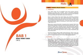 Hoki
                          BAB 1 DASAR 1Murid 1Sukan
                        1.1	PENGENALAN

                           Dasar 1Murid 1Sukan (1M 1S) mewajibkan setiap murid menyertai sekurang-
                           kurangnya satu aktiviti sukan di sekolah. Dasar ini menyokong pelaksanaan
                           Falsafah Pendidikan Kebangsaan yang memberikan tumpuan ke arah melahirkan
                           insan yang seimbang dari segi intelek, rohani, emosi dan jasmani.

                           Dasar ini selaras dengan Dasar Sukan Negara yang memberikan penekanan
                           kepada Sukan Untuk Semua dan Sukan Untuk Kecemerlangan. Matlamat dasar
                           ini memberikan perhatian yang utama kepada murid yang kurang aktif supaya
                           mereka melibatkan diri dalam aktiviti sukan. Pada masa yang sama, bakat murid
                           yang berpotensi akan digilap dan dibangunkan melalui program Sukan Prestasi
                           Tinggi Sekolah (SPTS).
                                                                                                             9
                           Bidang sukan sangat penting dalam mengoptimumkan keupayaan fizikal murid
                           selaras dengan ungkapan minda yang cerdas terletak pada tubuh yang sihat. Dalam
                           konteks ini, bidang sukan memainkan peranan yang penting bagi melahirkan
                           insan yang sihat, cergas dan produktif agar dapat memberikan sumbangan kepada
                           kesejahteraan sosial serta pembangunan ekonomi negara. Justeru, pelbagai
                           aktiviti sukan diperkenalkan bagi menarik minat murid agar mengamalkan gaya
                           hidup sihat dan aktif.

                           Kementerian Pelajaran Malaysia (KPM) melaksanakan Dasar 1Murid 1Sukan agar



BAB 1
                           setiap murid menikmati manfaat bersukan dengan harapan dapat membentuk
                           generasi yang membudayakan sukan seiring dengan keperluan akademik.

                        1.2	RASIONAL

DASAR 1 MURID 1 SUKAN      Dasar 1Murid 1Sukan mendokong Dasar Sukan Untuk Semua dan Sukan Untuk
(1M 1S)                    Kecemerlangan. Dasar ini menitikberatkan penglibatan semua murid dalam
                           pelbagai aktiviti sukan. Dasar ini dibentuk atas rasional kegiatan sukan adalah
                           sebahagian daripada transformasi pendidikan yang diusahakan oleh Kementerian
                           Pelajaran Malaysia (KPM). Sukan seharusnya mendapat pengiktirafan, sokongan
                           dan galakan yang sama sebagaimana juga yang diberikan kepada keperluan asas
                           yang lain seperti akademik dan kegiatan kokurikulum supaya dapat melahirkan
                           murid yang seimbang dari segi kesejahteraan minda dan jasmani.
 