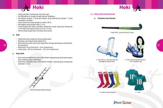 Hoki
	
	
•	
	
	
•	
	
	
•	
				
	
	
•	
	
	
•	
	
	
•	
			
	
	
•	
		

24

iv.

v.

3.4	 PERALATAN DAN PAKAIAN
		

a.	

Peralatan Asas Pemain

i. Kayu Hoki - yang memenuhi syarat

Bola

	
	
•	
	
	
•	
	
	
•	
				
	
	
•	
	
	
•	
		

Setiap pasukan mempunyai satu pintu gol.
Gol diletakkan di tengah-tengah garisan belakang.
Gol dibuat dengan 2 tiang gol tengah yang disambung dengan 1 tiang
mendatar (crossbar).
Jarak antara dua tiang tengah itu ialah 3.66 m.
Ketinggian tiang tengah ialah 2.14 m.  
Tiang tengah dan tiang mendatar berbentuk empat segi bujur berukuran
5 mm lebar dan dalam antara 5.0 mm-7.5 mm.
Semua tiang tengah dan mendatar dicat putih.

Hoki

Sebiji bola keras, pejal dan kosong digunakan.
Biasanya, permukaan bola adalah licin.
Bola bewarna putih (warna lain digunakan dengan persetujuan oleh keduadua pasukan)
Berat bola 156 g (minimum) -163 g (maksimum)
Lilitan bola : 224 mm (minimum) - 235 mm (maksimum)

25

Kayu Hoki

	
	
•	
				
	
	
•	
				

Kayu hoki hendaklah licin dan tidak boleh mengandungi tepi-tepian tajam
atau serpihan yang merbahaya.
Tebal kayu dihadkan kayu mesti boleh melalui 1 gelung yang mempunyai
diameter 51 mm.

ii. Shin Guard - menutup buku lali
sehingga ke bawah lutut.

iii. Kasut hoki yang bersesuaian
dan mengikut saiz.

Kayu Hoki Boleh Melalui Gelung.
iv. Stokin sukan panjang.

v. Jersi

 
