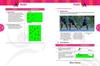 Hoki
AKTIVITI
2. In and out game
	 •	 Mana – mana pemain dari pasukan 	 	
		 putih atau hitam mestilah mengelecek 	
		 seorang pemain pasukan lawan
		 sebelum menjaringkan gol dengan
		 cara menolak atau memukul.
	 •	 Pasukan yang berjaya menjaringkan
		 gol layak untuk menukar pemain yang
		 sedang menunggu di garisan tepi.

52

Hoki
GAMBAR RAJAH

5.5	 KEMAHIRAN MENGUIS BOLA
	
A.	 Kemahiran Asas
		
Kemahiran ini bertujuan untuk menghantar bola tinggi melepasi pihak lawan
		
ke rakan atau untuk menjaringkan gol.

3. Permainan Kelecek 4 lawan 4
	 •	 Gol dikira selepas salah seorang
		 pemain daripada paskan itu dapat
		 mengelecek 2 pemain lawan.

53
Bola berada di sebelah kaki
kanan. Kedudukan kayu
rapat dan berada di bawah
bola. Bengkokkan lutut
dan bahu kiri menghadap
sasaran. Berat badan berada
di kaki kanan.

	

B.	

Alihkan berat badan
ke kaki kiri. Gunakan
kekuatan tangan dengan
melejang bola ke hadapan
dan ke atas. Bongkokkan
badan semasa lakuan.

Ikut lajak ke arah
atas.

Aktiviti Kemahiran
AKTIVITI

	 •	
	 •	
		

Pemain menguis bola melepasi kon.
Bertujuan untuk menguji jarak 	
	
menguis.

	 •	
		
		
	 •	
		
		

Pemain menguis bola bola ke arah
tembok yang mempunyai empat 		
tahap kesukaran.
Pemain dikehendaki menguis bola dari 	
tahap mudah ke tahap yang paling 		
sukar.

GAMBAR RAJAH

 