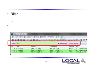 ディスプレイ フィルタ
• Filter テキストボックスへ条件式を入力
 - 構文が正しい場合 : テキストボックスの背景が薄緑色に変化
 - 構文が正しくない場合 : テキストボックスの背景がピンク色に変化
• 元のキャプチャデータは変更せずに条件に合致するパ
  ケットだけが表示される




                 29
 