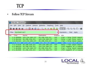 TCP ストリームの表示 （補足）
• 「Follow TCP Stream」を実行すると、自動で該当パケットのみ表
  示するディスプレイフィルタが適用された状態となる。




                   38
 