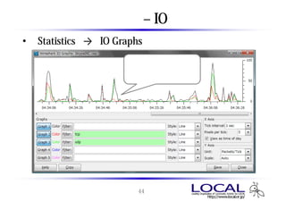 統計情報 – IOグラフ
• 「Statistics」 → 「IO Graphs 」
                        クリックするとメインウィ
                        ンドウが該当する時間
                        帯へ移動する




                          44
 