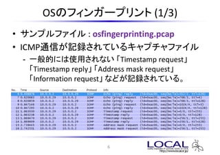OSΥե󥬩`ץ (1/3)
? ץե : osfingerprinting.pcap
? ICMPͨŤӛhƤ륭ץե
  ICMP
 - һĤˤʹäʤ Timestamp request
   Timestamp reply Address mask request
   Information request ʤɤӛhƤ롣




                      6
 