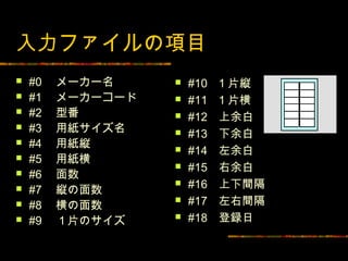 入力ファイルの項目
   #0   メーカー名        #10   1 片縦
   #1   メーカーコード      #11   1 片横
   #2   型番           #12   上余白
   #3   用紙サイズ名       #13   下余白
   #4   用紙縦          #14   左余白
   #5   用紙横
                      #15   右余白
   #6   面数
   #7   縦の面数
                      #16   上下間隔
   #8   横の面数
                      #17   左右間隔
   #9   １片のサイズ       #18   登録日
 