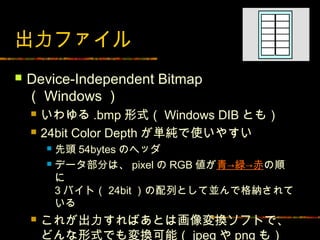 出力ファイル
   Device-Independent Bitmap
    （ Windows ）
       いわゆる .bmp 形式（ Windows DIB とも）
       24bit Color Depth が単純で使いやすい
         先頭 54bytes のヘッダ
         データ部分は、 pixel の RGB 値が青→緑→赤の順

          に
          3 バイト（ 24bit ）の配列として並んで格納されて
          いる
       これが出力すればあとは画像変換ソフトで、
        どんな形式でも変換可能（ jpeg や png も）
 