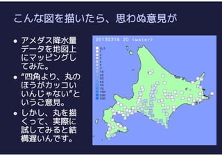 こんな図を描いたら、思わぬ意見が
 アメダス降水量
データを地図上
にマッピングし
てみた。
 “四角より、丸の
ほうがカッコい
いんじゃない”と
いうご意見。
 しかし、丸を描
くって、実際に
試してみると結
構遅いんです。
 