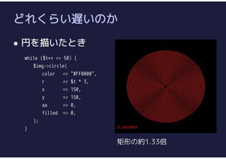 どれくらい遅いのか
 円を描いたとき
while ($t++ <= 50) {
$img->circle(
color => "#FF0000",
r => $t * 3,
x => 150,
y => 150,
aa => 0,
filled => 0,
);
}
矩形の約1.33倍
 