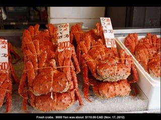 Double-click to enter title
Double-click to enter text
Fresh crabs. 9000 Yen was about $110.00 CAD (Nov. 17, 2012)
 