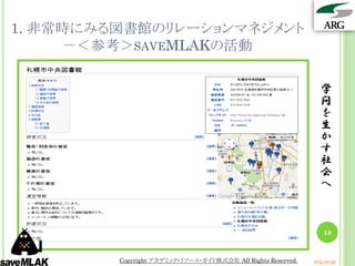 1. 非常時にみる図書館のリレーションマネジメント
     －＜参考＞SAVEMLAKの活動

                                                                学
                                                                問
                                                                を
                                                                生
                                                                か
                                                                す
                                                                社
                                                                会
                                                                へ



                                                                 18


         Copyright アカデミック・リソース・ガイド株式会社 All Rights Reserved.   arg.ne.jp
 