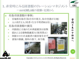 1. 非常時にみる図書館のリレーションマネジメント
      －SAVEMLAKの経験・見聞から
   名取市図書館の事例：
       宮城県名取市（仙台市の南方、仙台空港が立地）                                       学
       人口約7万人（死者・行方不明者911名）                                         問
   名取市図書館の被災                                                        を
                                                                     生
       内陸部に立地のため津波被害は皆無                                             か
       揺れによる建物損壊甚大（使用禁止）                                            す
       休館日のため来館者の被害発生せず                                             社
       書架の倒壊、資料の落下、相当数                                              会
                                                                     へ



                                                                      26


              Copyright アカデミック・リソース・ガイド株式会社 All Rights Reserved.   arg.ne.jp
 