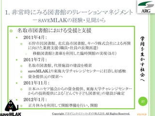 1. 非常時にみる図書館のリレーションマネジメント
      －SAVEMLAKの経験・見聞から
   名取市図書館における受援と支援
           2011年4月：                                                           学
             石狩市民図書館、北広島市図書館、キハラ株式会社による再開                                     問
              に向けた業務支援（職員・社員の長期派遣）                                             を
              移動図書館と書庫を利用した臨時開館の実現（5月）                                        生
           2011年7月：                                                           か
            名取市図書館、代替施設の建設を模索                                                 す
            saveMLAKより東海大学チャレンジセンターに打診し好感触                                    社
            資金提供元の探索へ                                                         会
                                                                               へ
           2011年11月：
            日本ユニセフ協会からの資金提供、東海大学チャレンジセンター
             からの技術提供による「どんぐり子ども図書室」の建設が確定
           2012年1月：                                                            27
            正月休みを利用して開館準備を行い、開館
                        Copyright アカデミック・リソース・ガイド株式会社 All Rights Reserved.   arg.ne.jp
 