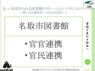 2. いま求められる図書館のリレーションマネジメント
     －様々な危機管理への対応を想定して




    名取市図書館                                                      学
                                                                問
                                                                を
                                                                生
                                                                か
                                                                す
      •官官連携                                                     社
                                                                会
                                                                へ

      •官民連携
                                                                 36


         Copyright アカデミック・リソース・ガイド株式会社 All Rights Reserved.   arg.ne.jp
 