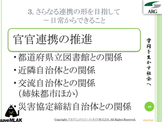 3. さらなる連携の形を目指して
     －日常からできること

官官連携の推進                                                     学
                                                            問
                                                            を
•都道府県立図書館との関係                                               生
                                                            か
•近隣自治体との関係                                                  す
                                                            社
                                                            会
•交流自治体との関係                                                  へ

 （姉妹都市ほか）
•災害協定締結自治体との関係                                               40


     Copyright アカデミック・リソース・ガイド株式会社 All Rights Reserved.   arg.ne.jp
 