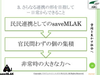 3. さらなる連携の形を目指して
     －日常からできること

民民連携としてのsaveMLAK                                            学
                                                            問
                                                            を
                                                            生
                                                            か
                                                            す
 官民問わずの個の集積                                                 社
                                                            会
                                                            へ


  非常時の大きな力へ                                                  43


     Copyright アカデミック・リソース・ガイド株式会社 All Rights Reserved.   arg.ne.jp
 