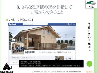 3. さらなる連携の形を目指して
           －日常からできること
   いま、できること#2
                                                                       学
                                                                       問
                                                                       を
                                                                       生
                                                                       か
                                                                       す
                                                                       社
                                                                       会
                                                                       へ


        菅井美枝子・名取市図書館長
        柴崎悦子・名取市図書館司書                                                   45
        谷合佳代子・財団法人大阪社会運動協会エル・ライブラリー（大阪産業労働資料館）館長


                Copyright アカデミック・リソース・ガイド株式会社 All Rights Reserved.   arg.ne.jp
 