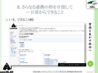 3. さらなる連携の形を目指して
           －日常からできること
   いま、できること#3
                                                                    学
                                                                    問
                                                                    を
                                                                    生
                                                                    か
                                                                    す
                                                                    社
                                                                    会
                                                                    へ



                                       北海道からの参加者の重要さ・大切さ
                                                                     46


             Copyright アカデミック・リソース・ガイド株式会社 All Rights Reserved.   arg.ne.jp
 