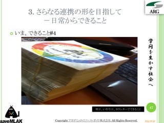 3. さらなる連携の形を目指して
           －日常からできること
   いま、できること#4
                                                                    学
                                                                    問
                                                                    を
                                                                    生
                                                                    か
                                                                    す
                                                                    社
                                                                    会
                                                                    へ



                                     明日、いや今日、カウンターでできること
                                                                     47


             Copyright アカデミック・リソース・ガイド株式会社 All Rights Reserved.   arg.ne.jp
 