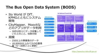 • Ito World が DfT、
KPMGとともにシステム
開発
• CityMapper、Moovitな
どのアプリがデータ利⽤
– 当初は別々にデータ収集して
いたとのこと。役割分担
• 規模
– 250以上の事業者のデータ
– 18,000台以上のバスの位置情
報（5〜30秒ごとに更新）
The Bus Open Data System (BODS)
https://www.bus-data.dft.gov.uk
 