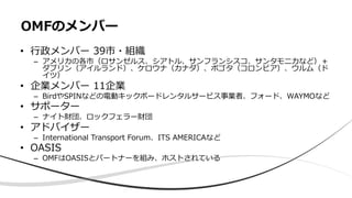 • ⾏政メンバー 39市・組織
– アメリカの各市（ロサンゼルス、シアトル、サンフランシスコ、サンタモニカなど）＋
ダブリン（アイルランド）、ケロウナ（カナダ）、ボゴタ（コロンビア）、ウルム（ド
イツ）
• 企業メンバー 11企業
– BirdやSPINなどの電動キックボードレンタルサービス事業者、フォード、WAYMOなど
• サポーター
– ナイト財団、ロックフェラー財団
• アドバイザー
– International Transport Forum、ITS AMERICAなど
• OASIS
– OMFはOASISとパートナーを組み、ホストされている
OMFのメンバー
 