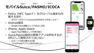 • FeliCa（NFC Type-F ）をグローバル端末も内
蔵する流れ
– ガラケーのモバイルSuicaは2006年から存在したが･･･
• Android端末
– Google Payの機能としてFelicaに対応
• iPhone, Apple Watch
– Apple Payの機能として利⽤可能に
• Suica/Pasmo独⾃の管理アプリは存在するが、
APIとして解放されてはいない
– ICカードの読み書きは可能
– これがMaaSアプリと統合出来たら･･･
モバイルSuica/PASMO/ICOCA
2023〜
2020〜
2016〜
 