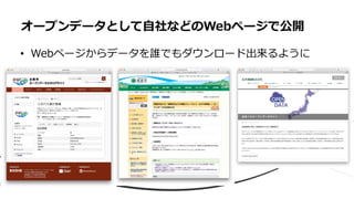 • Webページからデータを誰でもダウンロード出来るように
オープンデータとして⾃社などのWebページで公開
 
