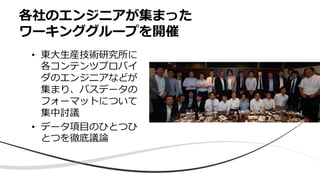 各社のエンジニアが集まった
ワーキンググループを開催
• 東⼤⽣産技術研究所に
各コンテンツプロバイ
ダのエンジニアなどが
集まり、バスデータの
フォーマットについて
集中討議
• データ項⽬のひとつひ
とつを徹底議論
 