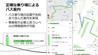 • バス乗り場の位置や名称
まで含んだ案内を実現
• 事業者が必要と思うレベ
ルの情報提供が可能
正確な乗り場による
バス案内
 
