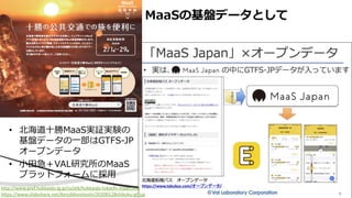 • 北海道⼗勝MaaS実証実験の
基盤データの⼀部はGTFS-JP
オープンデータ
• ⼩⽥急＋VAL研究所のMaaS
プラットフォームに採⽤
MaaSの基盤データとして
http://www.pref.hokkaido.lg.jp/ss/stk/hokkaido-tokachi-maas.htm
https://www.slideshare.net/KenjiMorohoshi/20200128shikoku-gtfsjp
 
