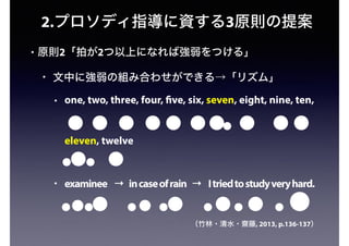 2.プロソディ指導に資する3原則の提案
• 原則2「拍が2つ以上になれば強弱をつける」
• 文中に強弱の組み合わせができる→「リズム」
• one, two, three, four, five, six, seven, eight, nine, ten,
eleven, twelve
• examinee → incaseofrain → Itriedtostudyveryhard.
（竹林・清水・齋藤, 2013, p.136-137）
 