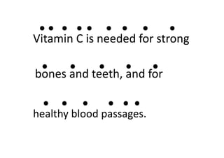 ● ● ● ● ● ● ● ● ●
Vitamin C is needed for strong 
● ● ● ● ●
bones and teeth, and for
● ● ● ● ● ●
healthy blood passages.
 