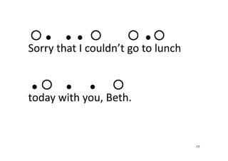 17
○ ● ● ● ○ ○ ● ○
Sorry that I couldn’t go to lunch
● ○ ● ● ○
today with you, Beth.
 