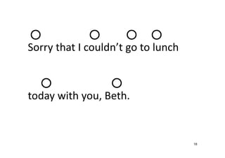 18
○ ● ● ● ○ ○ ○ ● ●
Sorry that I couldn’t go to lunch
● ○ ● ● ○
today with you, Beth.
 