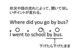 状況や話の流れによって、聞いてほし
いポイントが変わる。
Where did you go by bus?
● ○ ● ○ ● ○
I went to school by bus.
下げたら下げたまま
 