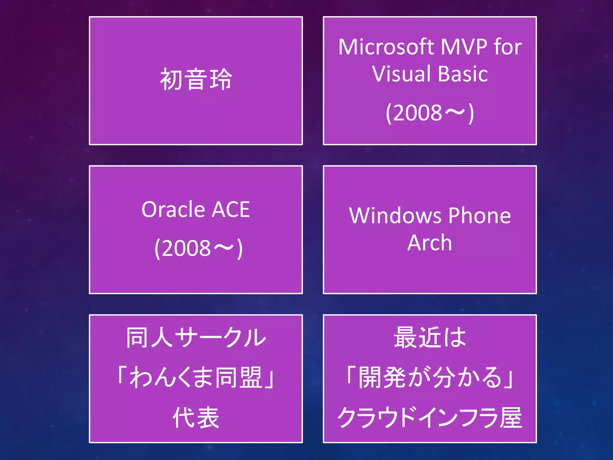 Microsoft MVP for
  初音玲            Visual Basic
                  (2008～)


 Oracle ACE   Windows Phone
  (2008～)         Arch


同人サークル             最近は
「わんくま同盟」      「開発が分かる」
   代表         クラウドインフラ屋
 