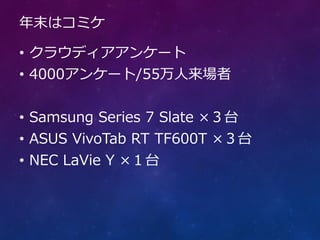 年末はコミケ

• クラウディアアンケート
• 4000アンケート/55万人来場者


• Samsung Series 7 Slate ×３台
• ASUS VivoTab RT TF600T ×３台
• NEC LaVie Y ×１台
 